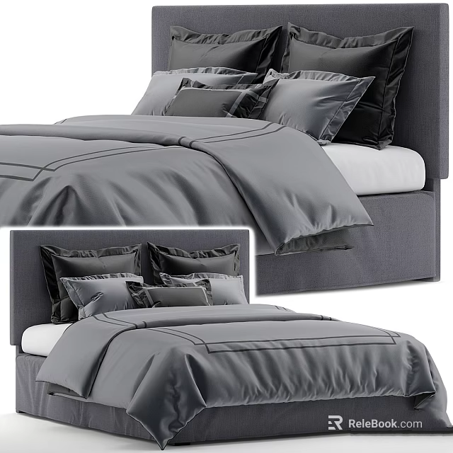 Modern Gray Bed With Soft Bedding Decorative Pillows And Upholstered Headboard 3d model