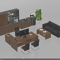 Modern Office Desk Workspace With Ergonomic Chairs Sofa Green Plant And Storage Cabinet