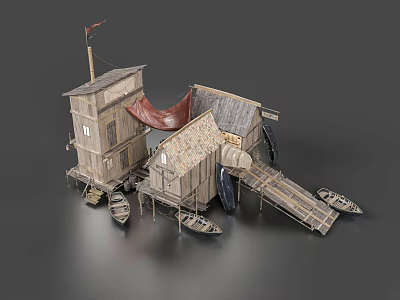 Vintage Wooden House Fishing Village Fisherman Seascape Wooden House Fishing Village Homestay Wooden House Wooden Bridge Island House 3d model