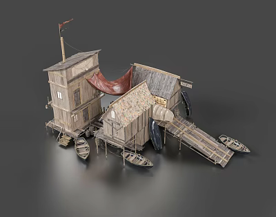 Wooden Overwater Homestay Building With Stilts Pier Small Boats And Red Roof 3d model