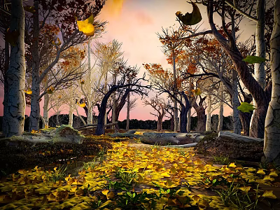 Scenic Autumn Forest With Yellow Orange Leaves Falling And Pink Purple Sky Over Fallen Leaves 3d model