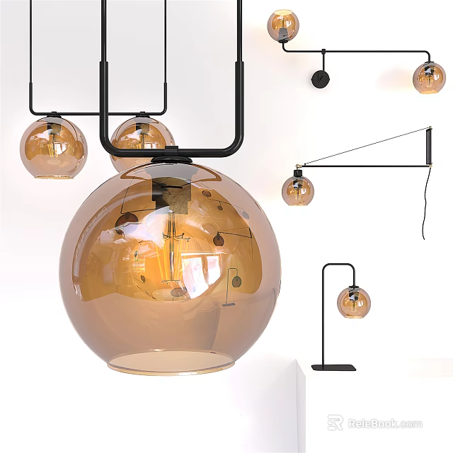 Modern Lighting Combinations Featuring Glass Globe Pendant Floor Wall Lamps With Metal Frames 3d model 