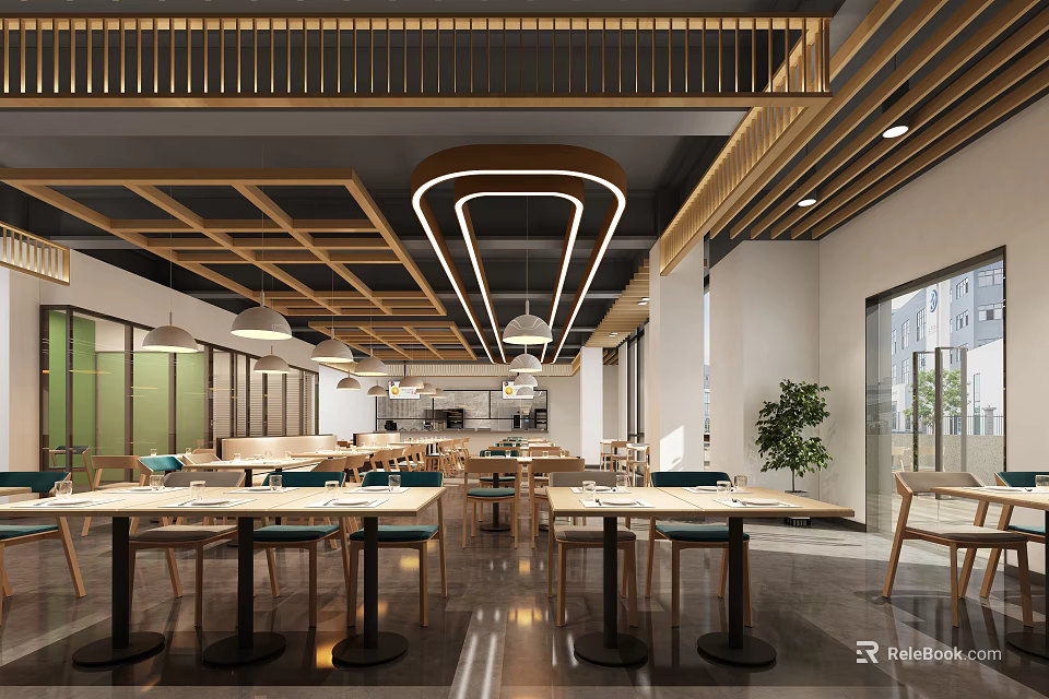 Modern Restaurant Interior With Wooden Ceiling Dining Tables And Large Windows 3d model