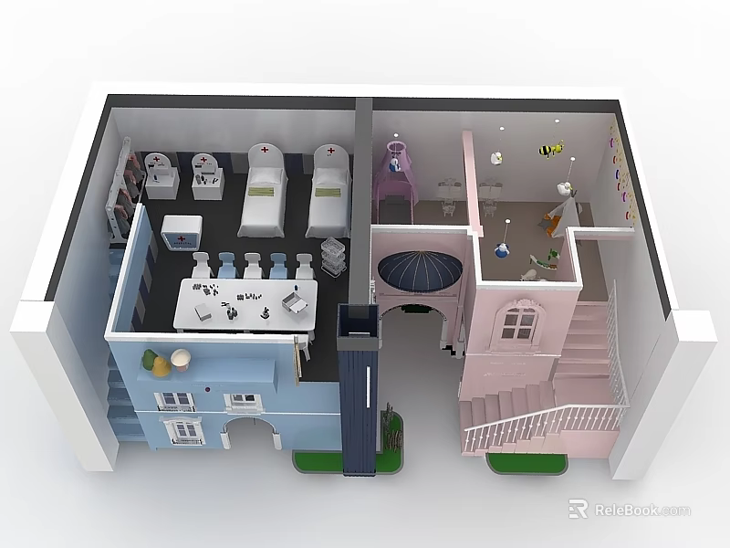 Hinged Door In House Model Interior Design With Staircase And Colorful Rooms 3d model 