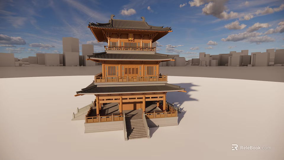 Traditional Ancient Chinese Architecture With Three Story Wooden Structure And Curved Eaves Design 3d model 