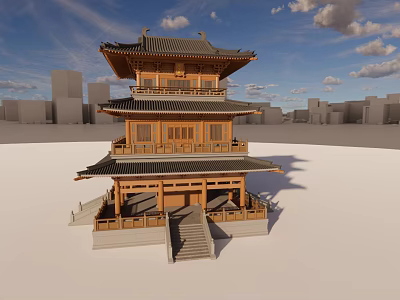 Traditional Ancient Chinese Architecture With Three Story Wooden Structure And Curved Eaves Design 3d model