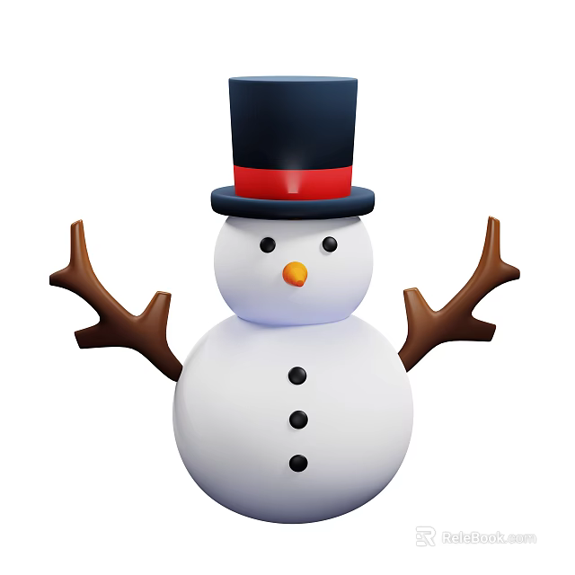 Snowman Decorative Ornament Set With Black Top Hat Red Band White Body And Branch Arms 3d model 