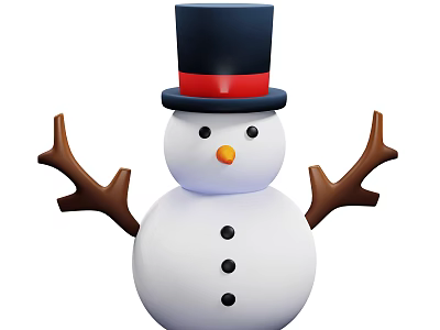 Snowman Decorative Ornament Set With Black Top Hat Red Band White Body And Branch Arms 3d model