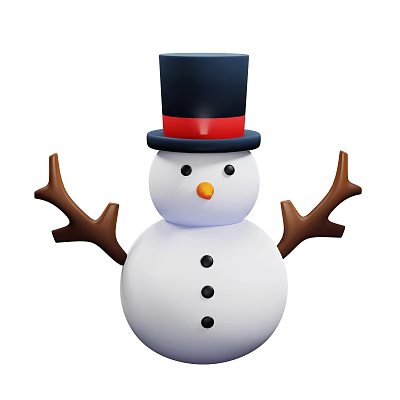 Snowman Decorative Ornament Set With Black Top Hat Red Band White Body And Branch Arms 3d model