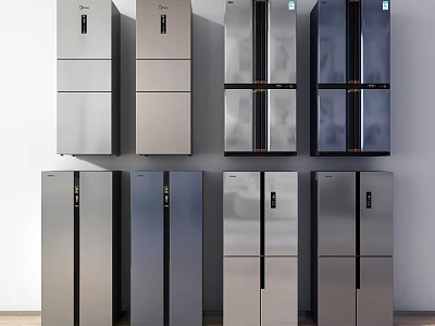 Various Modern Refrigerators With Silver Gray Finishes And Multiple Door Designs 3d model