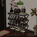 Multi Tier Modern Shoe Rack With Shoes Handbag Speaker And Decorative Plants