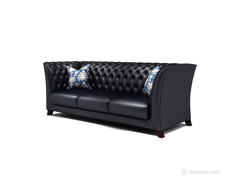 Black Leather Three Seater Sofa with Tufted Back and Blue White Patterned Decorative Pillows 3d model
