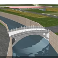 Stone Arch Bridge Over River With Road Cars Lush Greenery And Trees