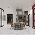 Modern Open Restaurant Interior With White Dining Table Chairs Plants And Pendant Lights