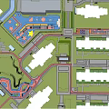 Colorful Garden Landscape With Colored Paths Green Lawns Water Ponds And Buildings