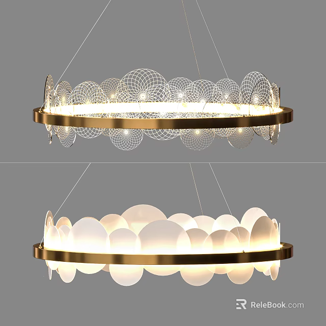 Modern Golden Circular Chandelier With Layered Cutout And White Disc Elements Illuminated Warm Light 3d model 