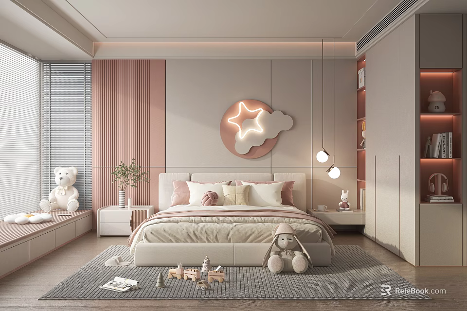 Kids Room Interior Design With Pink Wall Cloud Star Decor Pendant Lights And Stuffed Toys 3d model 
