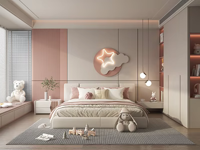 Kids Room Interior Design With Pink Wall Cloud Star Decor Pendant Lights And Stuffed Toys 3d model