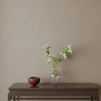 Bonsai Plant With White Flowers In Transparent Vase On Dark Table Against Beige Wall 3d model