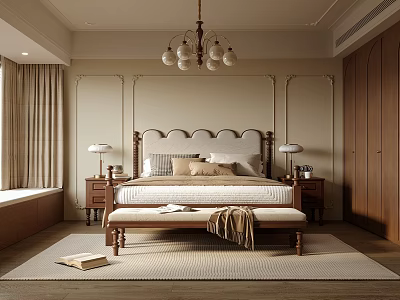 Cozy Classic Bedroom Interior With Wooden Bed Chandelier Nightstands Lamps And Area Rug 3d model