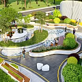 Modern Park Landscape With Curved Pathways Circular Seating Water Inspired Pavement And Greenery