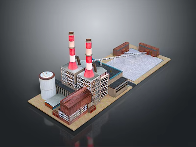 Industrial Factory Building With Red White Chimneys Cooling Tower And Steel Structures 3d model
