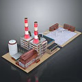 Industrial Factory Building With Red White Chimneys Cooling Tower And Steel Structures
