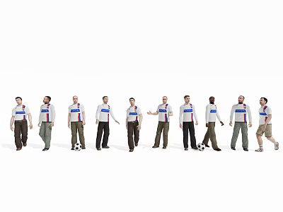 Group of Men in Casual Outfits with Various Poses and Soccer Ball 3d model