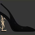 Black Slingback High Heels With Gold YSL Logo And Pointed Toe Design 3d model