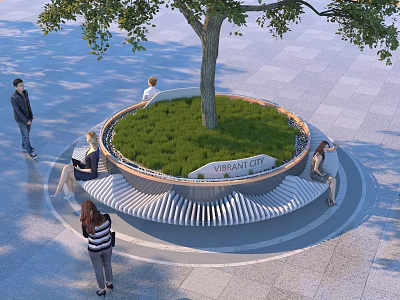 Circular Landscape Seating With Central Tree Grass Area And People Resting On Paved Ground 3d model