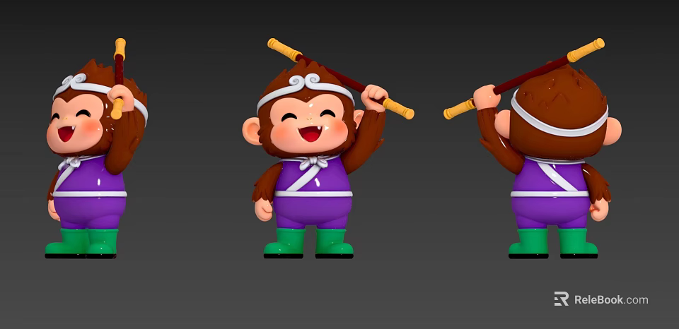 Cute Cartoon Monkey Game Movie Character with Golden Staff Purple Outfit Green Boots Smiling Face 3d model 
