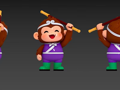 Cute Cartoon Monkey Game Movie Character with Golden Staff Purple Outfit Green Boots Smiling Face 3d model