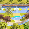 Lush Park Landscape With Curved Paths Basketball Court Water Features Green Trees And Open Lawns