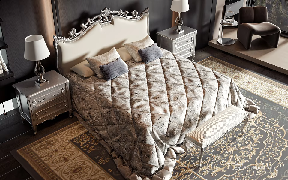 Elegant Double Bed with Ornate Carved Headboard Nightstands Lamps and Patterned Rug 3d model 