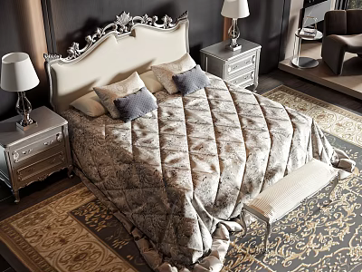 Elegant Double Bed with Ornate Carved Headboard Nightstands Lamps and Patterned Rug 3d model