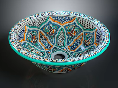 Intricately Carved Colorful Ceramic Basin With Traditional Floral And Geometric Patterns 3d model