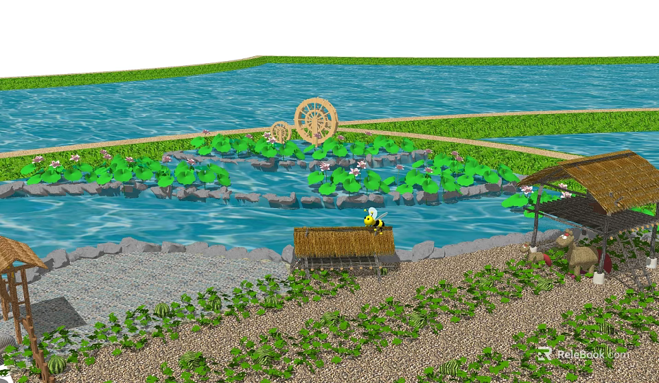 Scenic Landscape With Blue Water Water Wheel Lotus Leaves Wooden Shed Green Plants And Stones 3d model 