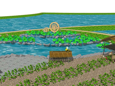 Scenic Landscape With Blue Water Water Wheel Lotus Leaves Wooden Shed Green Plants And Stones 3d model