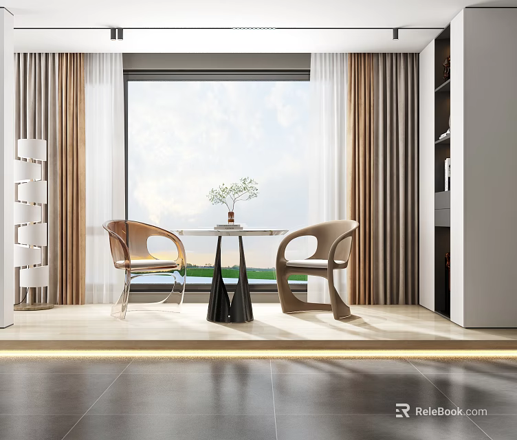 Modern Table And Chair Set By Large Window With Natural Light And Vase With Plants 3d model 