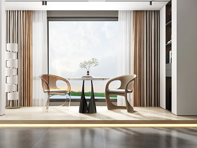 Modern Table And Chair Set By Large Window With Natural Light And Vase With Plants 3d model