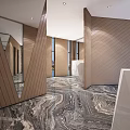 Modern Public Restroom Design With Marble Floor White Washbasins and Stalls
