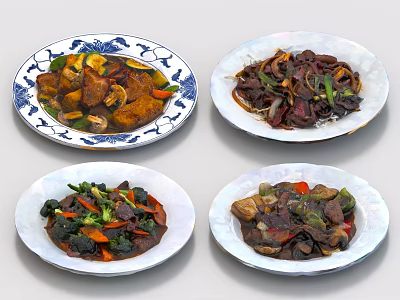 Four Plates of Assorted Delicious Chinese Dishes with Vegetables and Meat in Decorative Patterns 3d model