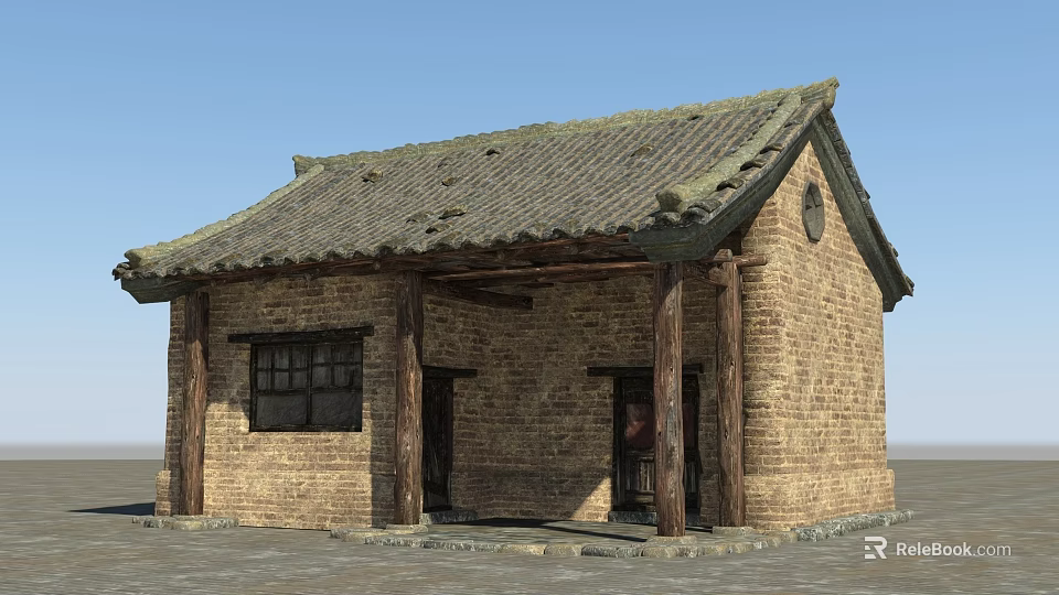 Ancient Building Traditional Structure With Tile Roof Wooden Pillars And Brick Walls 3d model 