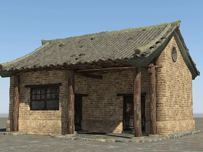 Ancient Building Traditional Structure With Tile Roof Wooden Pillars And Brick Walls 3d model