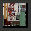 Cartoon Room Scene With Brick Wall Shelves Colorful Items Desk Computer Armchair And Checkerboard Floor