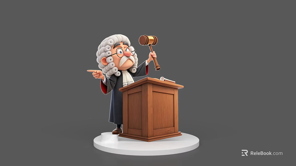 Cartoon Judge Character In Red Robe With White Curly Wig And Gavel On Wooden Podium 3d model 