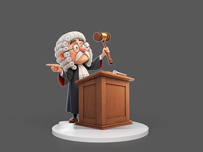 Cartoon Judge Character In Red Robe With White Curly Wig And Gavel On Wooden Podium 3d model