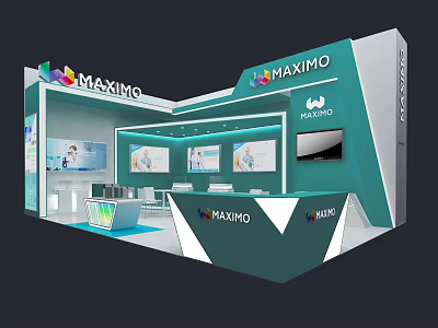 MAXIMO Exhibition Booth With Teal And White Modern Design Display Screens And Reception Counter 3d model