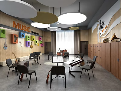 School Music Classroom With Colorful Instrument Decor Piano And Seating Furniture 3d model