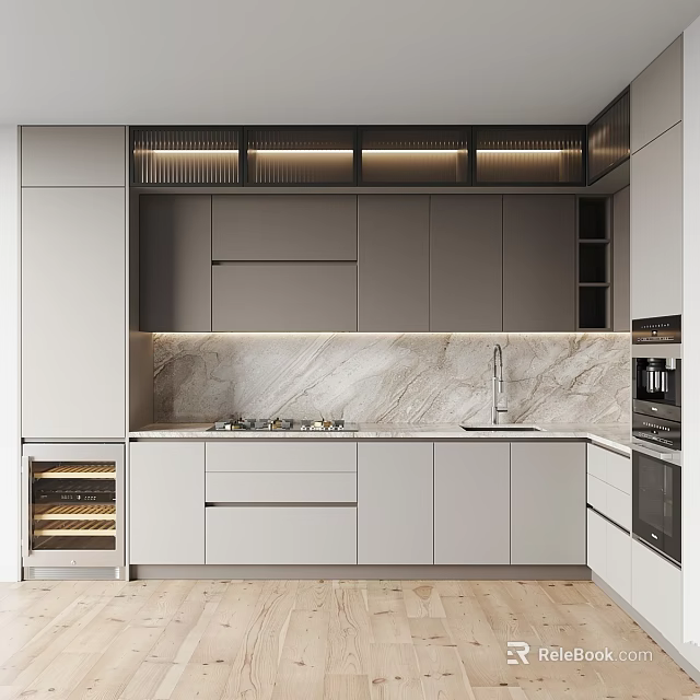 Modern Kitchen Interior With Gray Cabinets Marble Countertop And Built in Appliances 3d model 